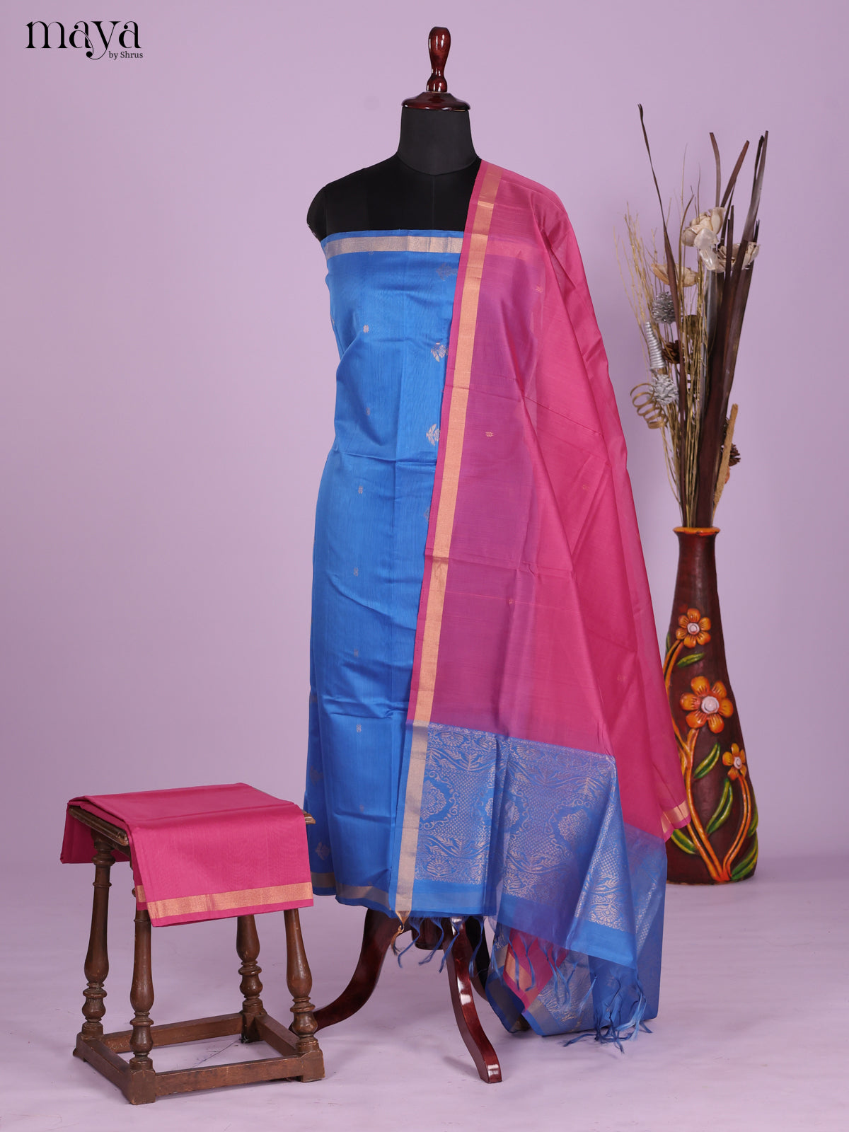 Blue & pink -Silkcotton salwar Unstitch