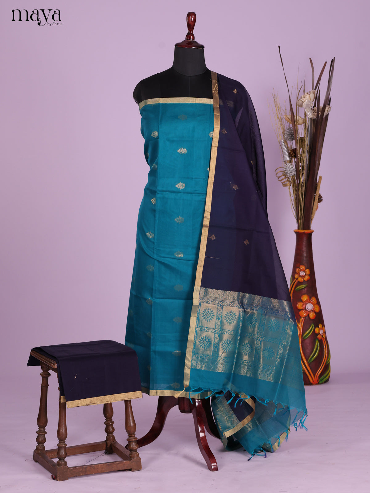 Blue & Navy Blue-Silkcotton salwar Unstitch
