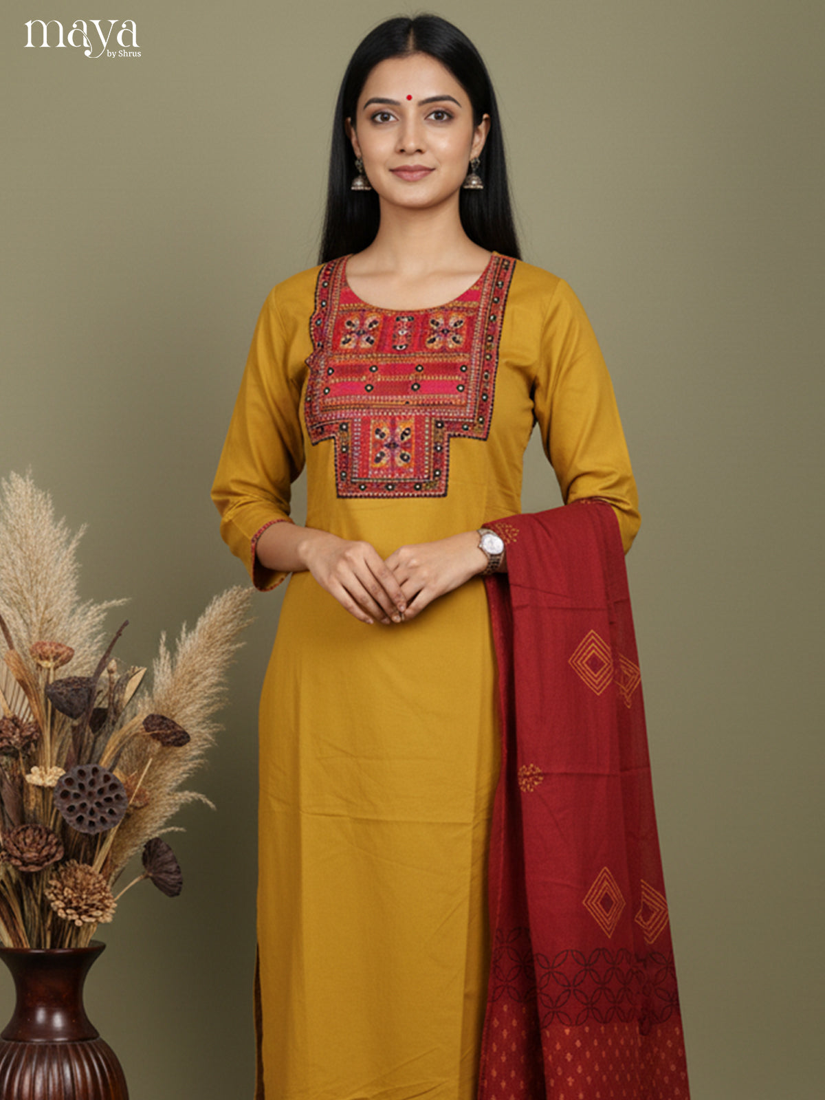 Bright Mustard & maroon Readymade 3 Piece with embroidered neck yoke