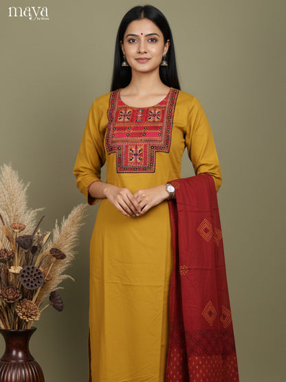 Bright Mustard & maroon Readymade 3 Piece with embroidered neck yoke