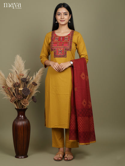Bright Mustard & maroon Readymade 3 Piece with embroidered neck yoke