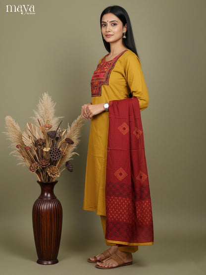 Bright Mustard & maroon Readymade 3 Piece with embroidered neck yoke