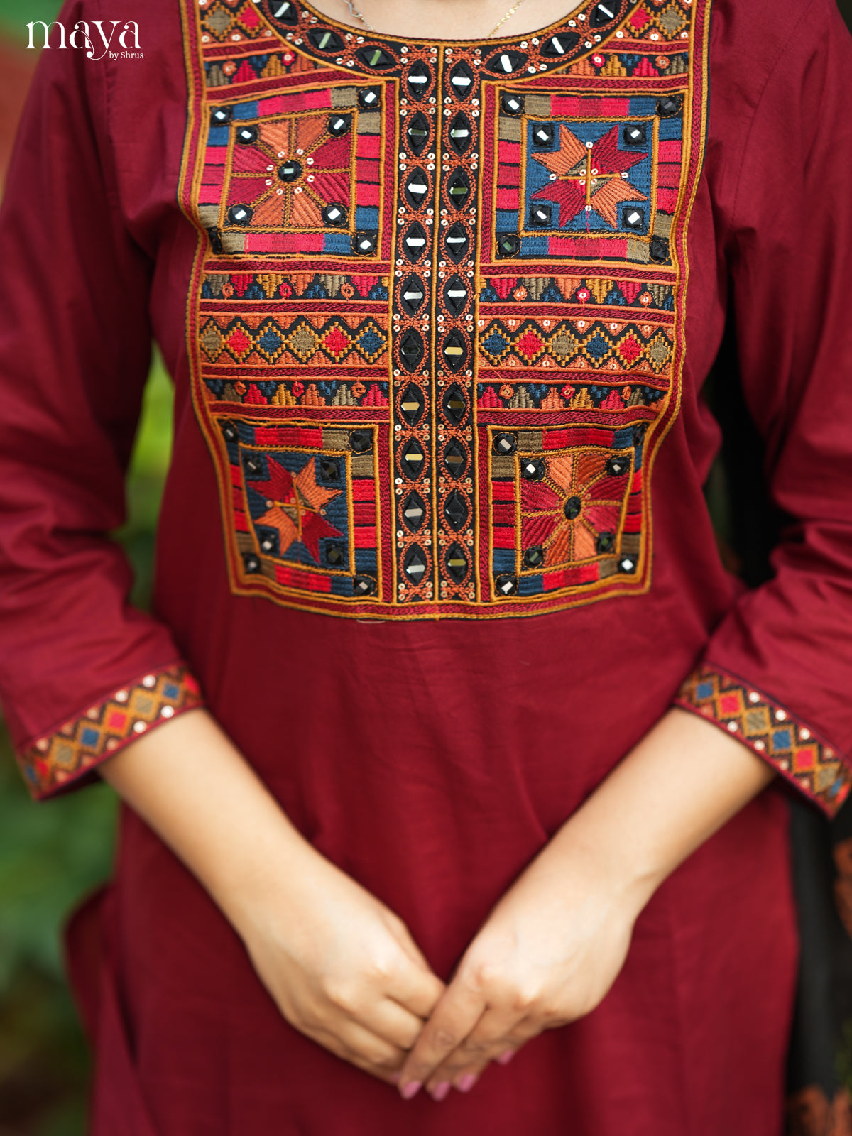 Stunning Maroon & Black Readymade 3 Piece Salwar with mirror embroidered neck yoke