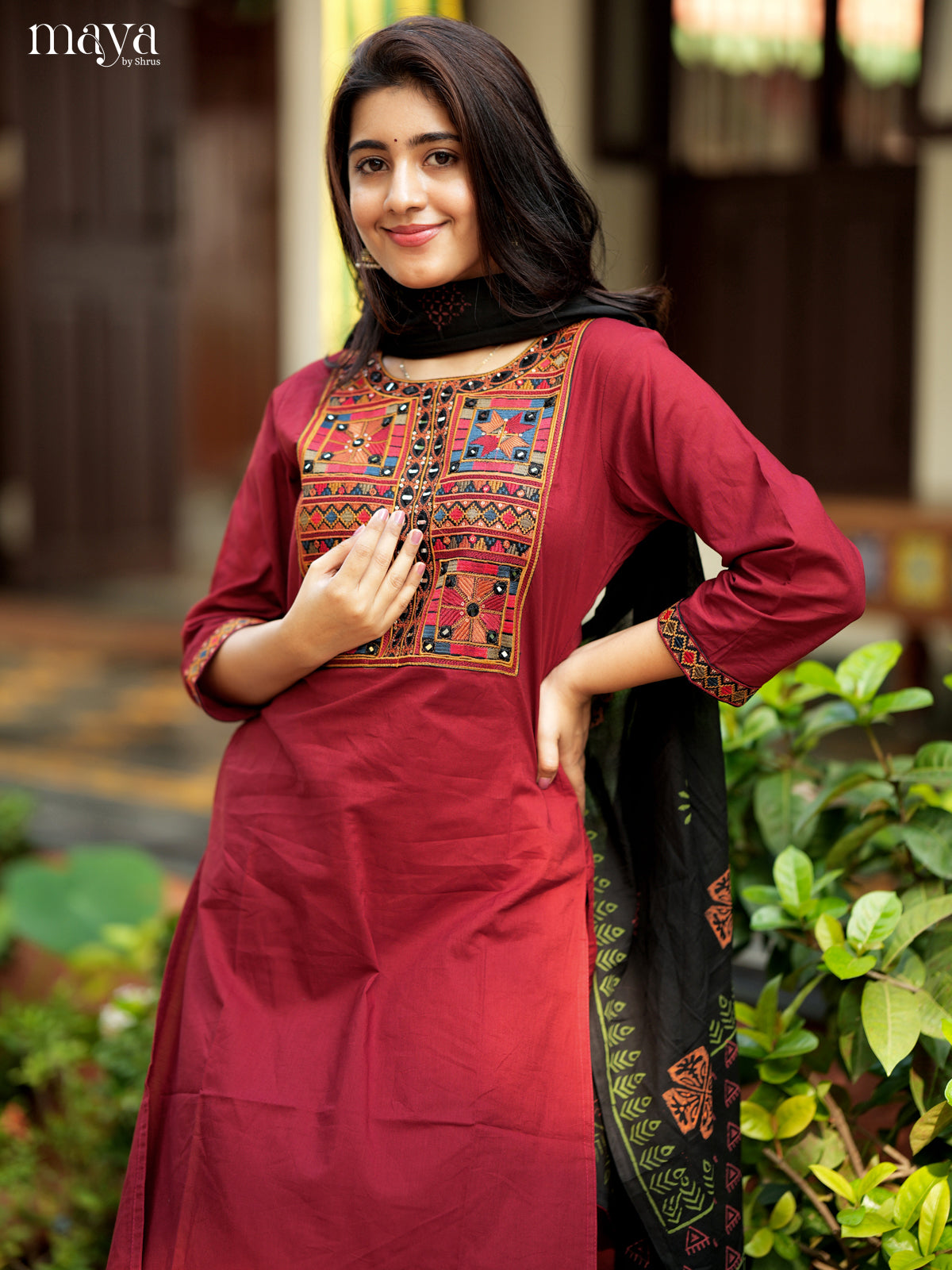 Stunning Maroon & Black Readymade 3 Piece Salwar with mirror embroidered neck yoke