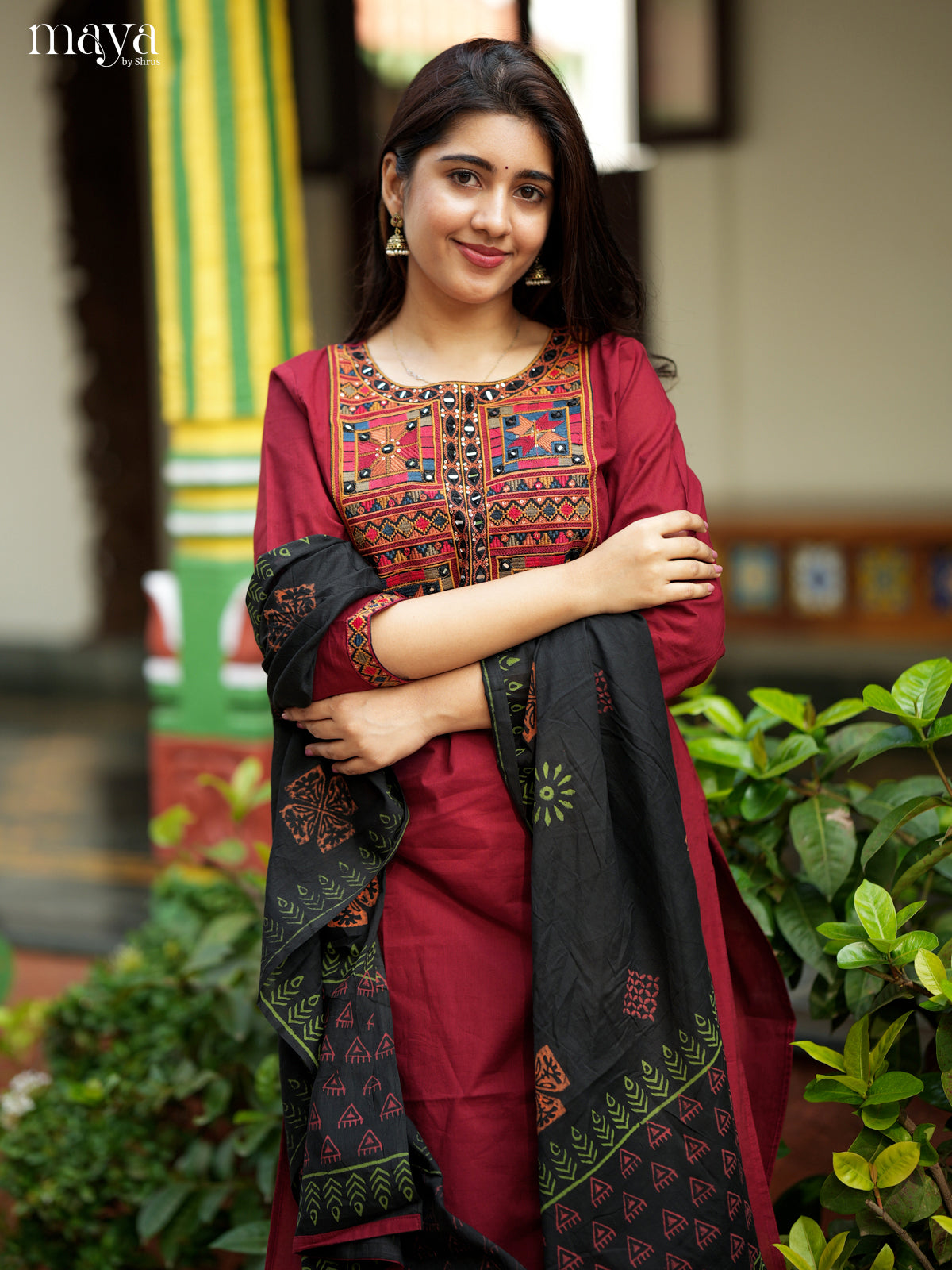 Stunning Maroon & Black Readymade 3 Piece Salwar with mirror embroidered neck yoke