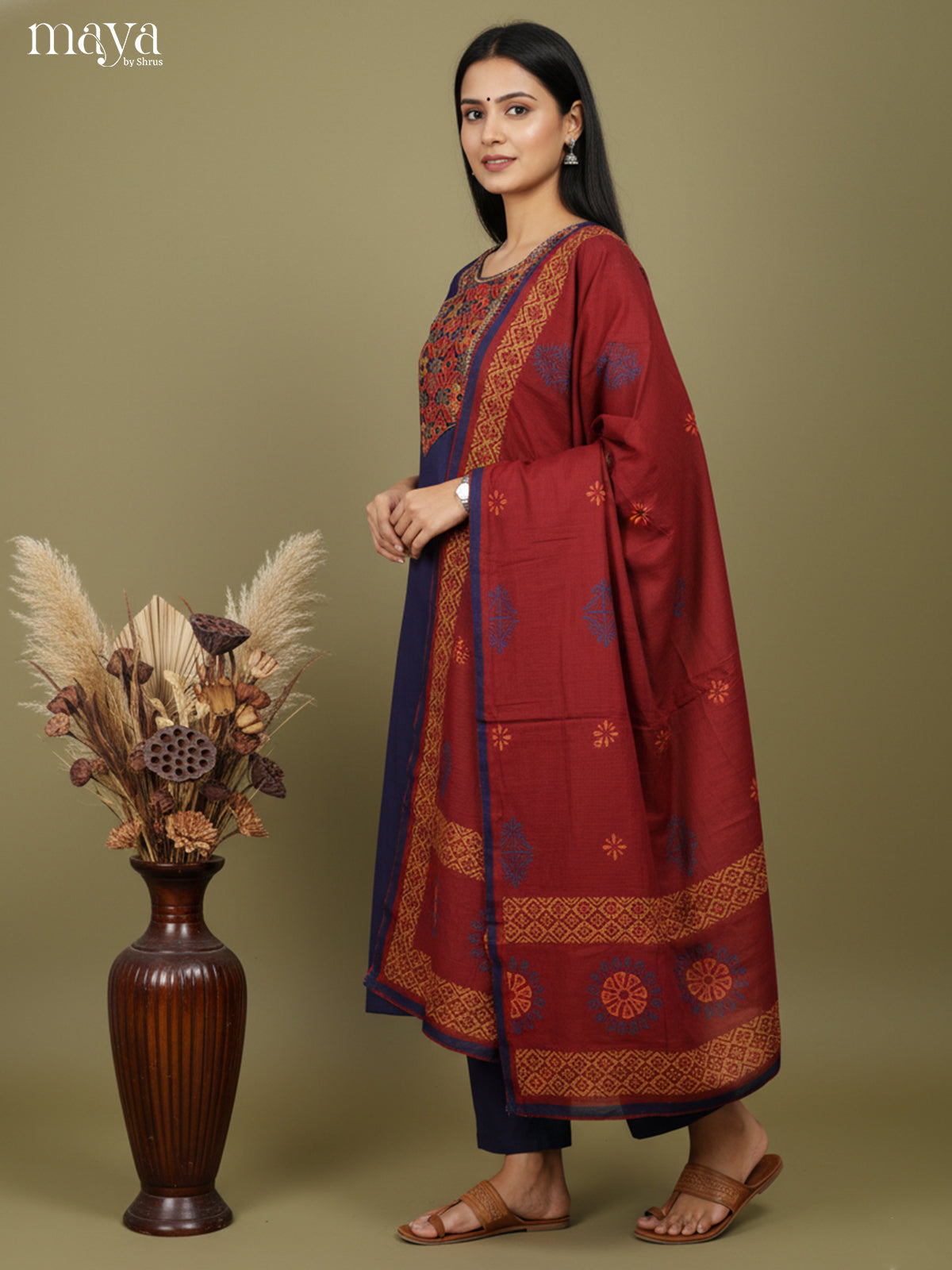 Beautiful Blue & Maroon Readymade 3 Piece with embroidered neck yoke