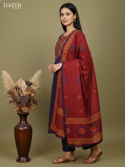Beautiful Blue & Maroon Readymade 3 Piece with embroidered neck yoke