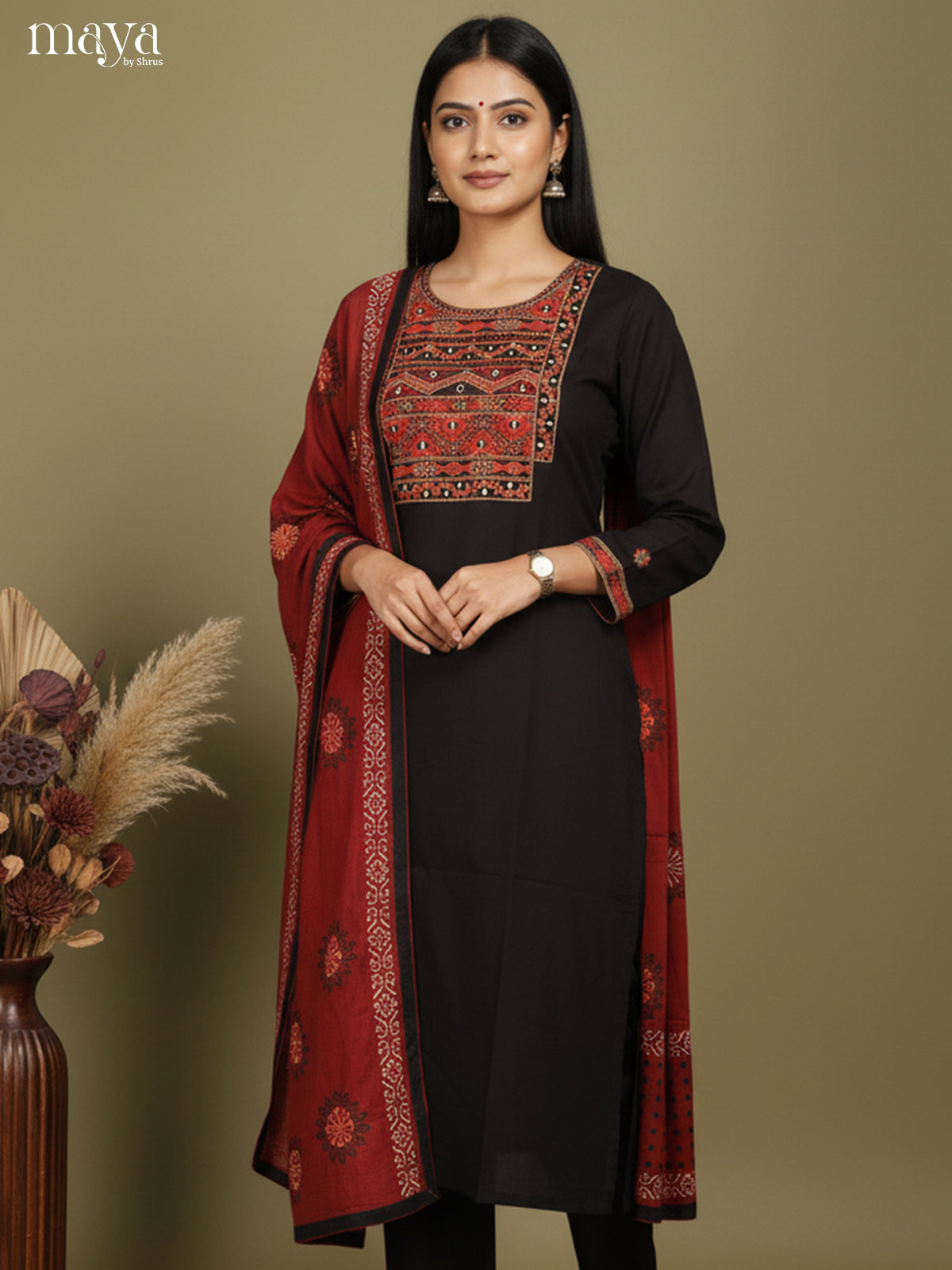 Cheerful Black & maroon Readymade 3 Piece with embroidered neck yoke