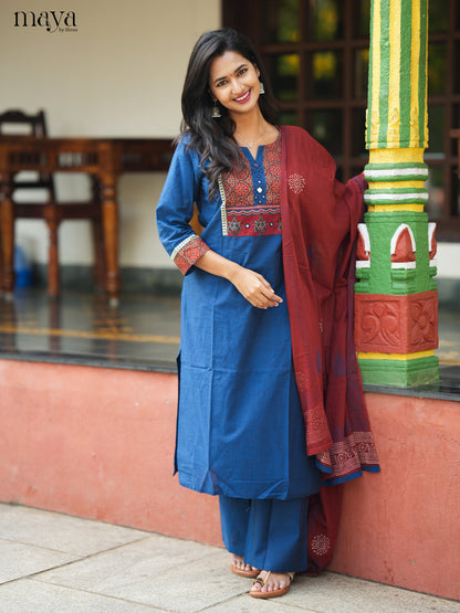 Vibrant Blue & Maroon Readymade 3 Piece Salwar with ajrakh printed neck yoke