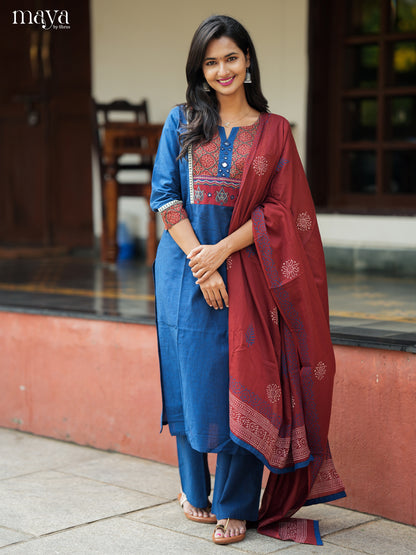 Vibrant Blue & Maroon Readymade 3 Piece Salwar with ajrakh printed neck yoke
