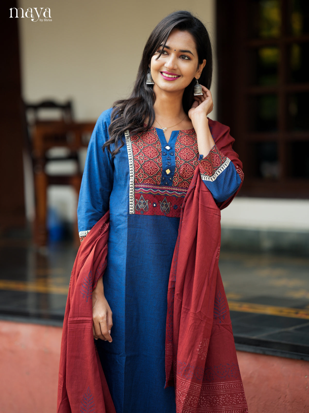 Vibrant Blue & Maroon Readymade 3 Piece Salwar with ajrakh printed neck yoke