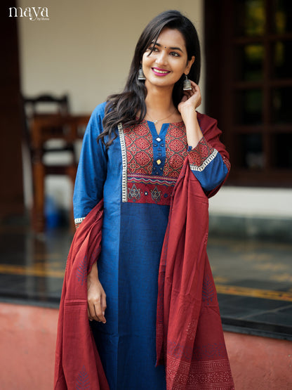 Vibrant Blue & Maroon Readymade 3 Piece Salwar with ajrakh printed neck yoke