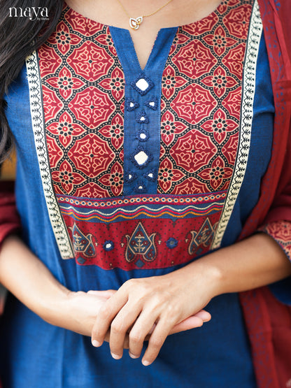 Vibrant Blue & Maroon Readymade 3 Piece Salwar with ajrakh printed neck yoke