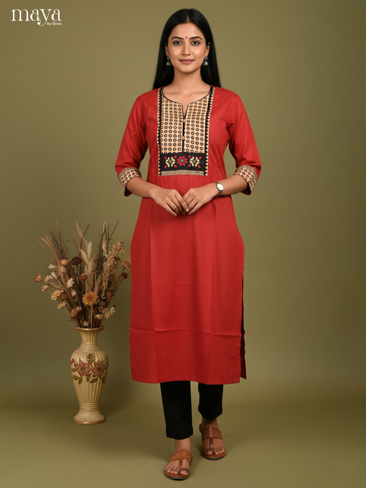 Red & Cream Readymade Kurti with ajrakh printed  neck yoke