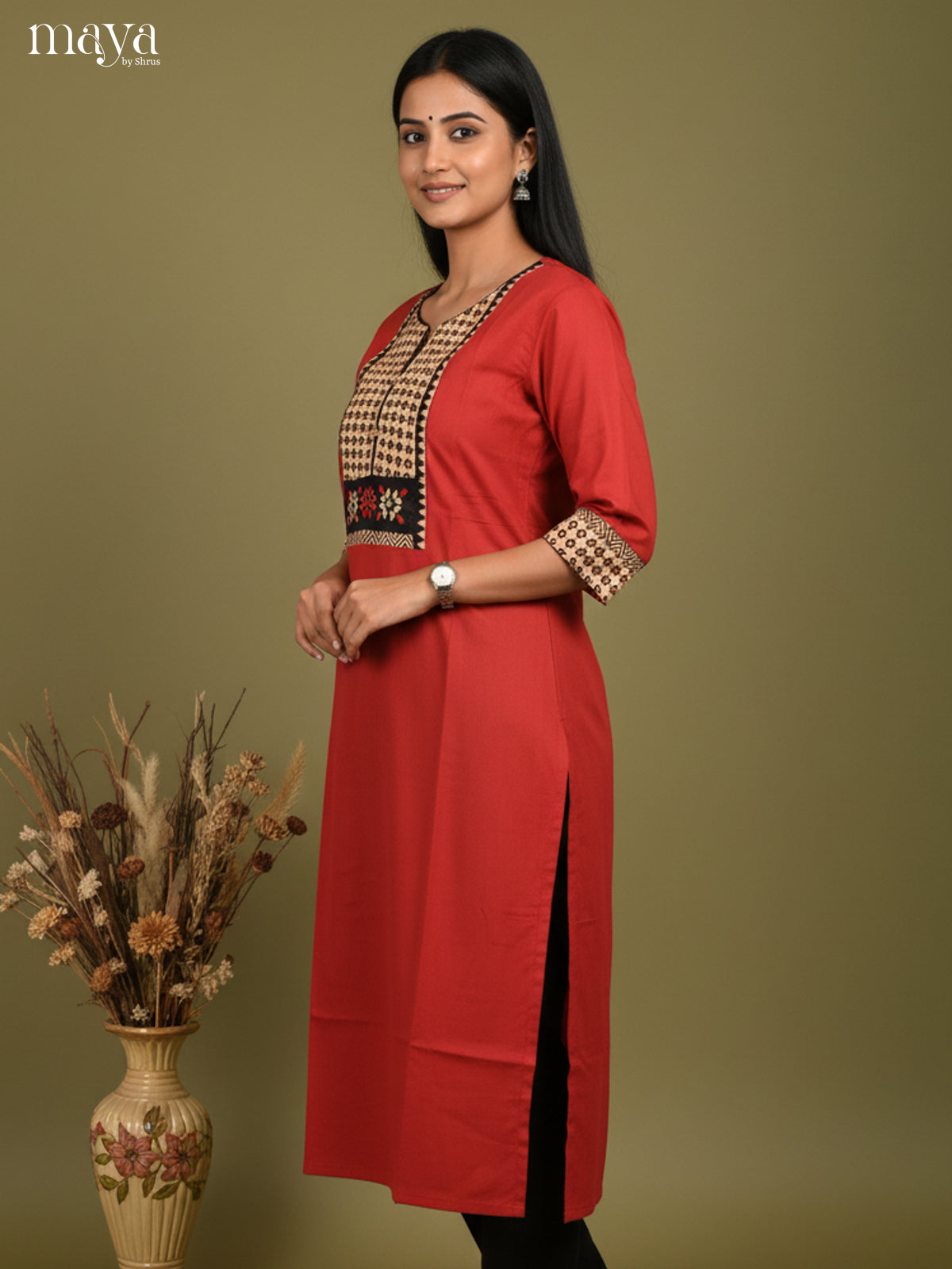 Red & Cream Readymade Kurti with ajrakh printed  neck yoke