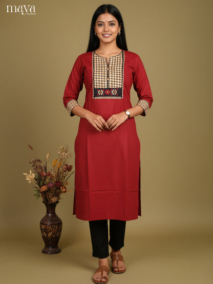 Red & Cream Readymade Kurti with ajrakh printed neck yoke