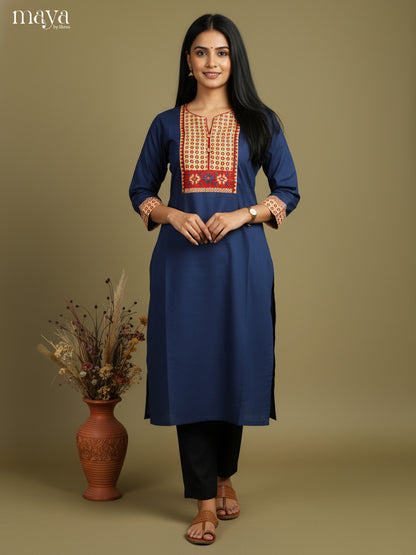 Blue & Cream Readymade Kurti with ajrakh printed neck yoke