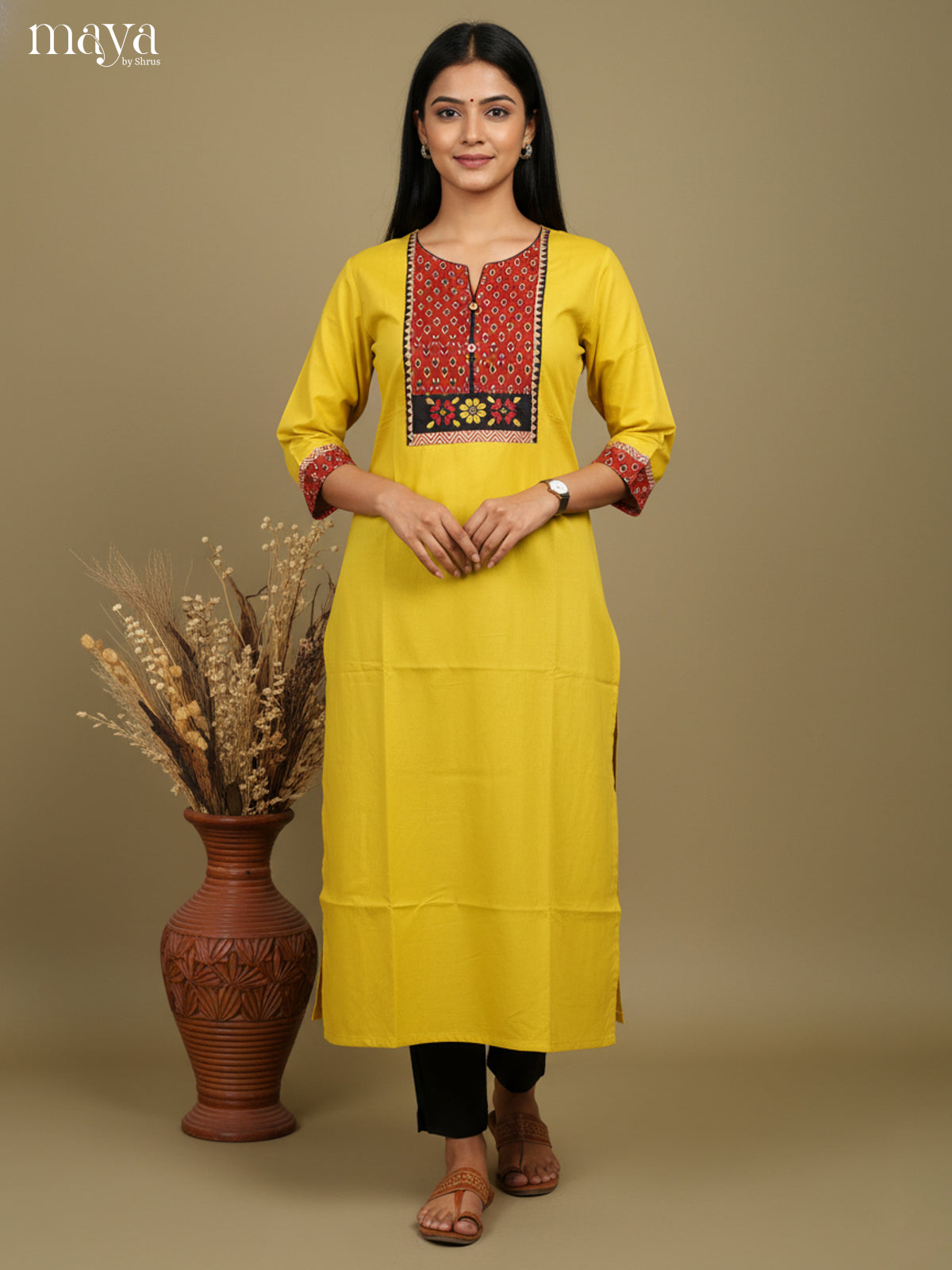 Yellow & Red Readymade Kurti with ajrakh printed neck yoke