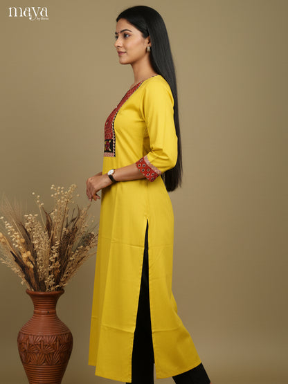 Yellow & Red Readymade Kurti with ajrakh printed neck yoke