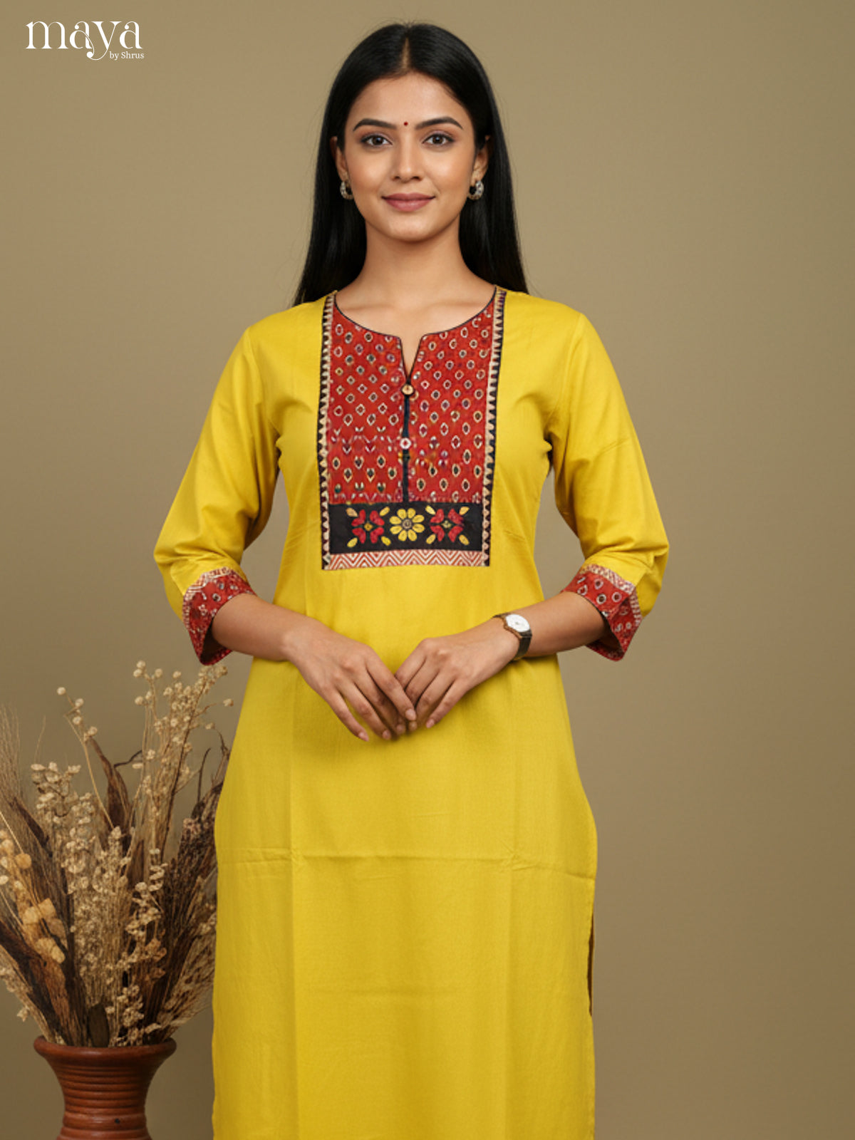 Yellow & Red Readymade Kurti with ajrakh printed neck yoke
