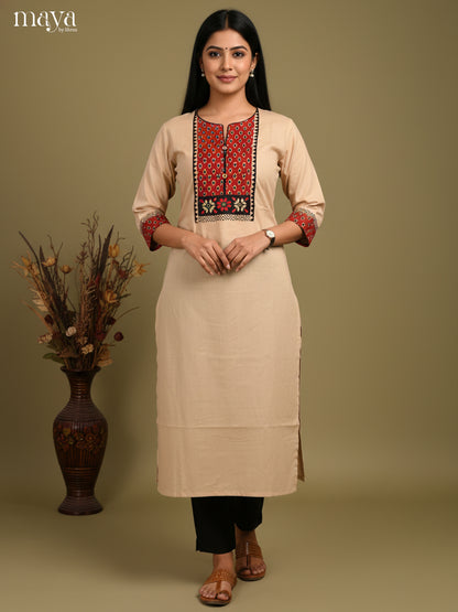Beige & Red Readymade Kurti with ajrakh printed neck yoke