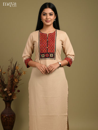 Beige & Red Readymade Kurti with ajrakh printed neck yoke