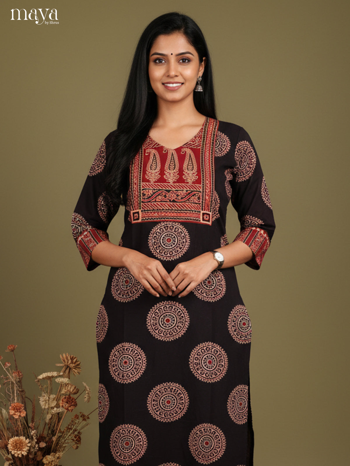 Black & Red ajrakh printed Readymade Kurti