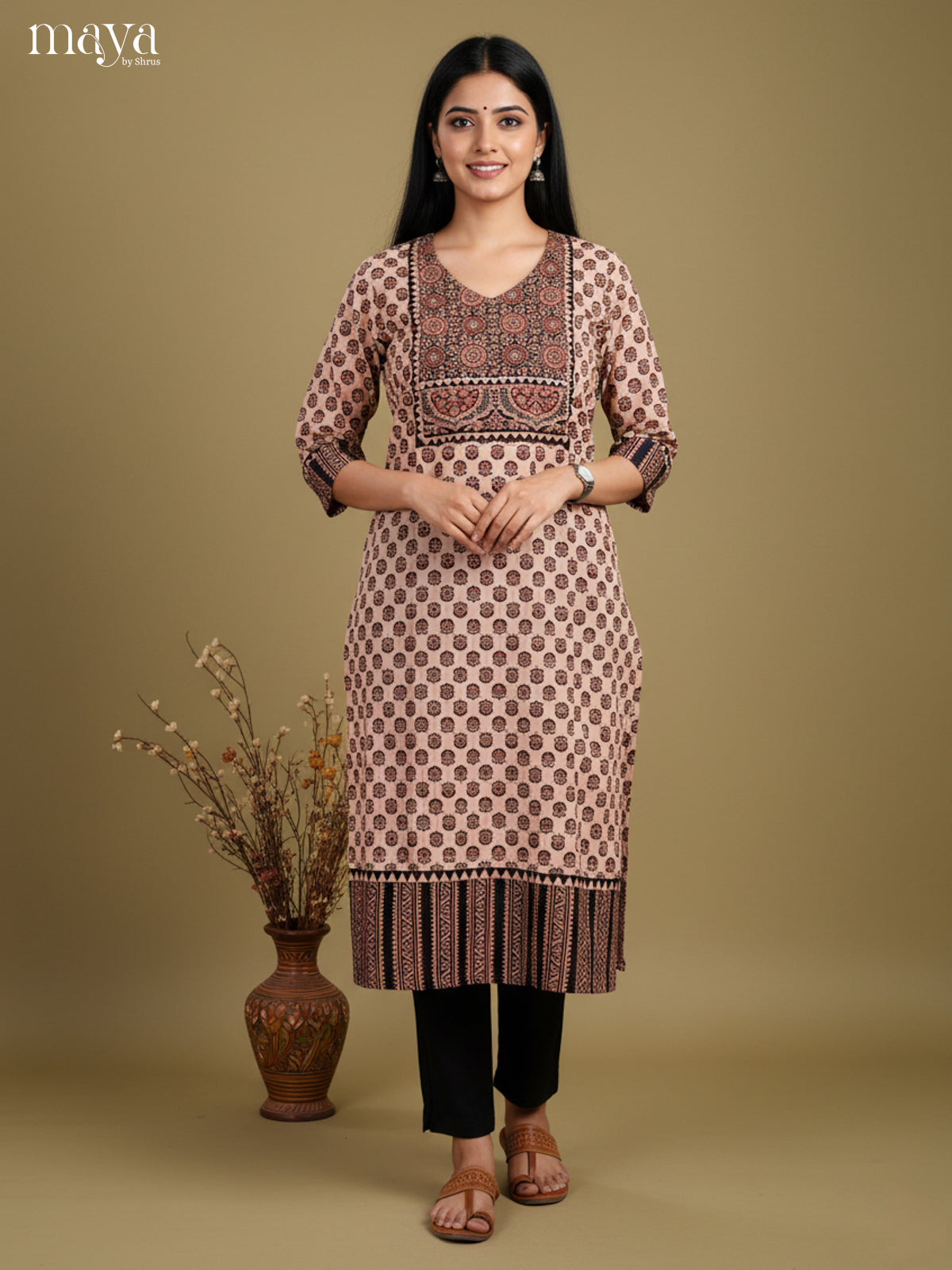 Grey & Black ajrakh printed Readymade Kurti
