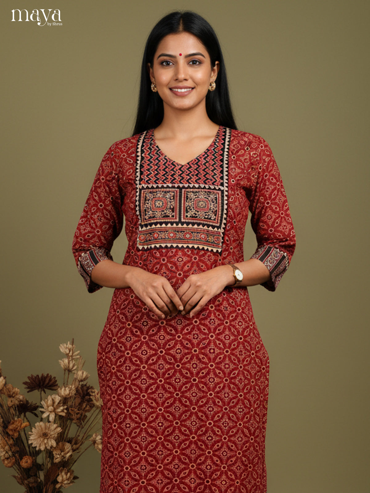 Maroon & Black ajrakh printed Readymade Kurti