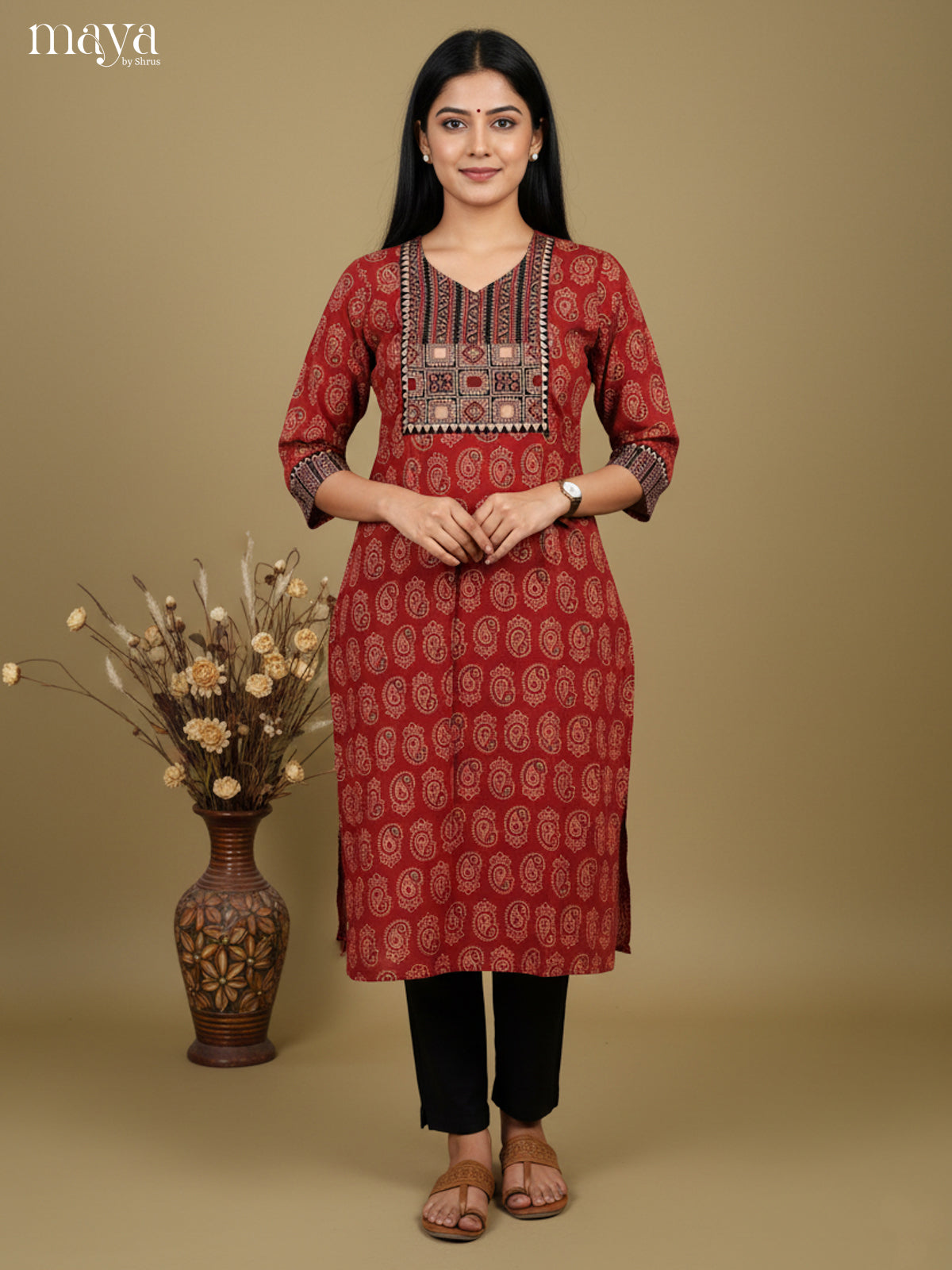 Red & Black Ajrakh printed Readymade Kurti
