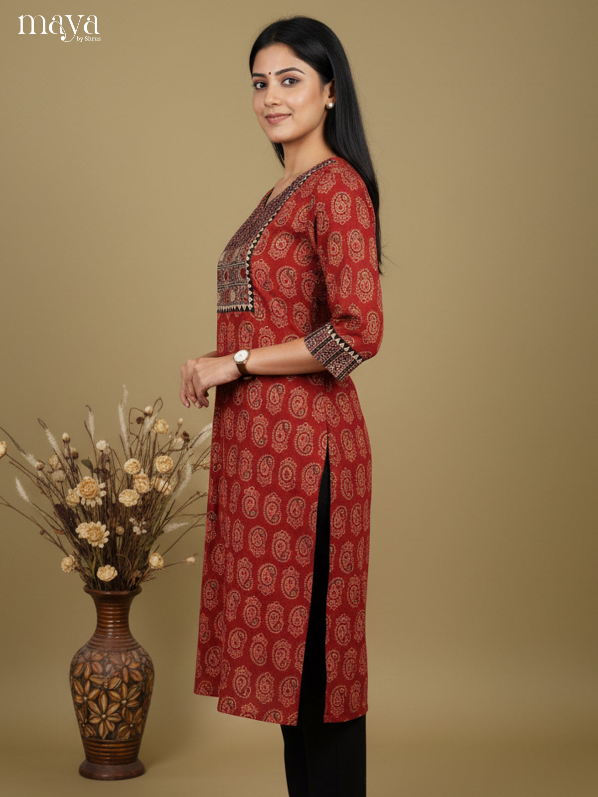 Red & Black Ajrakh printed Readymade Kurti