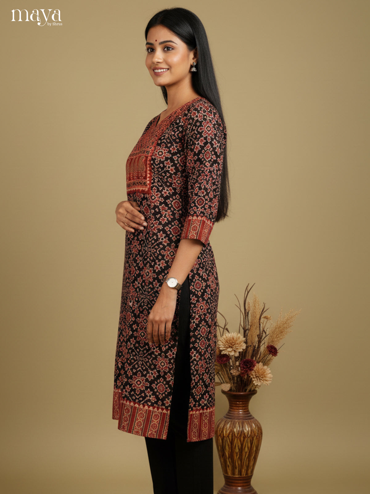 Black & Red ajrakh printed Readymade Kurti
