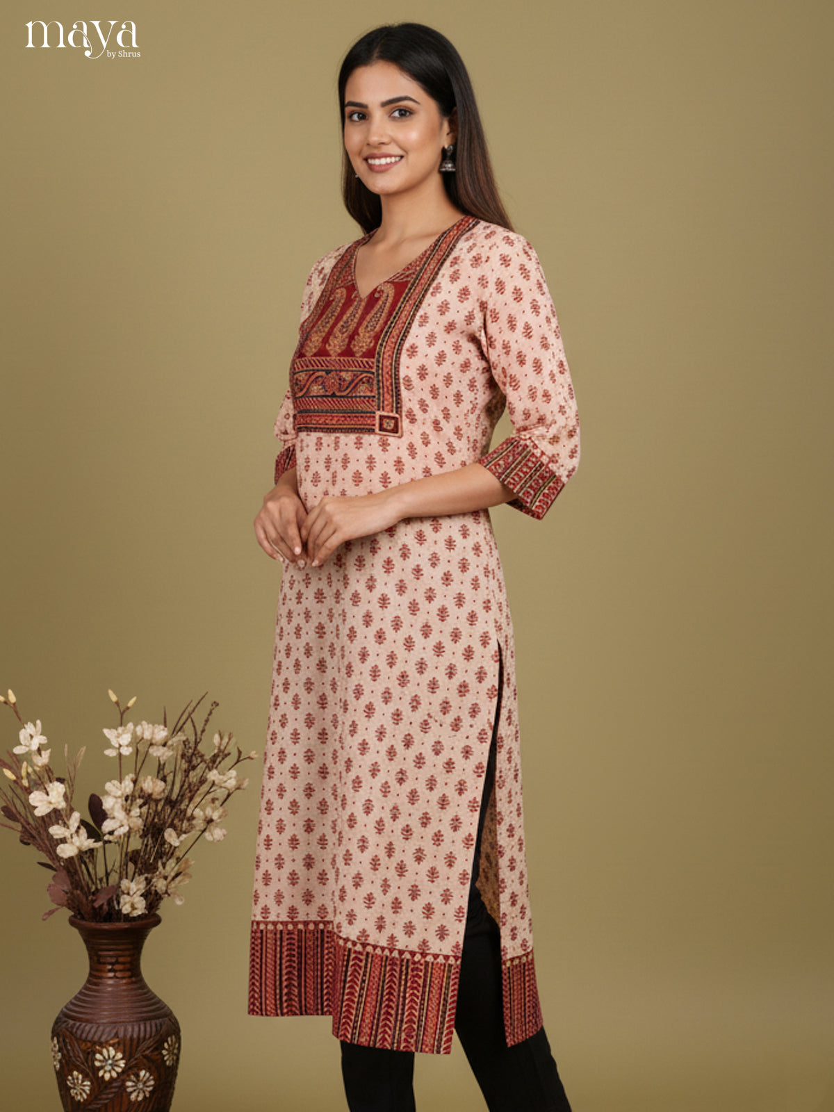Cream  & Red ajrakh printed Readymade Kurti