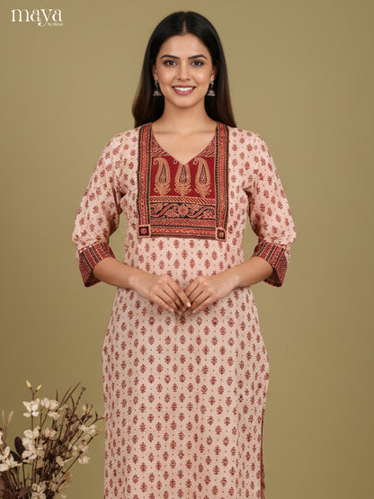 Cream  & Red ajrakh printed Readymade Kurti