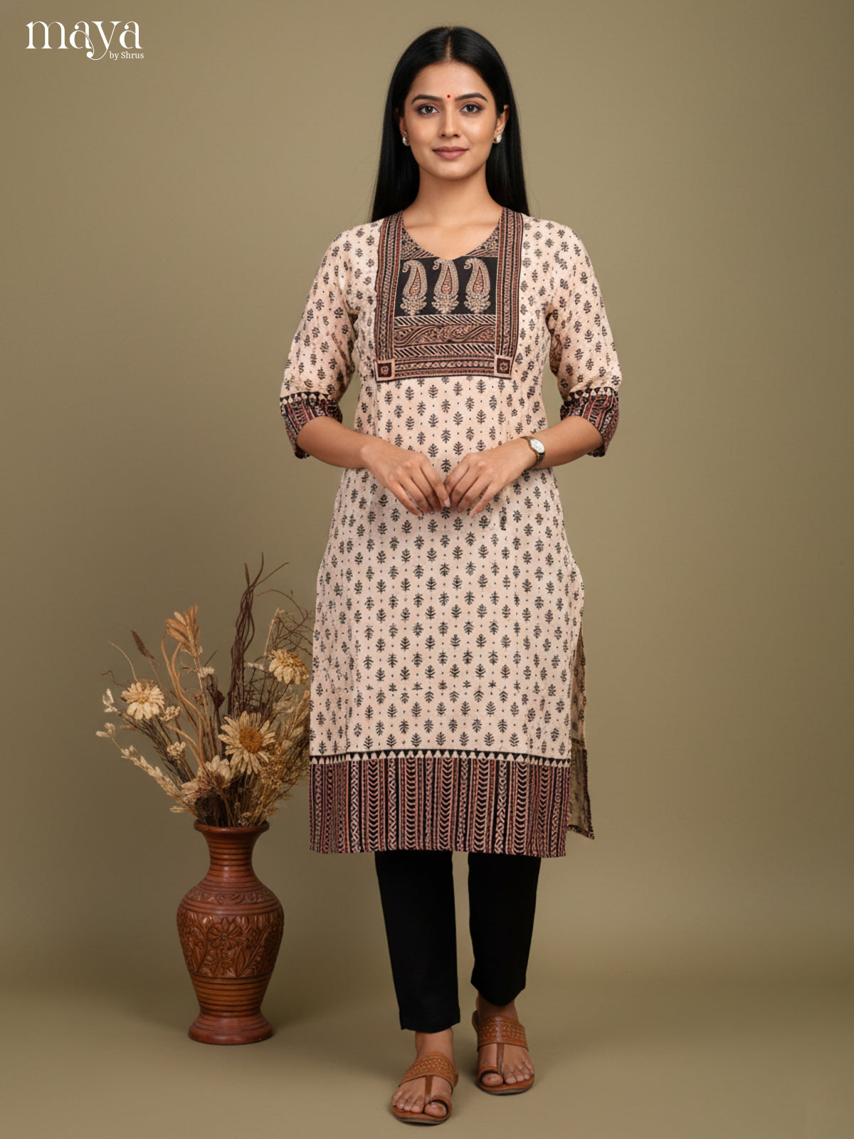 Cream  & Black Ajrakh printed Readymade Kurti
