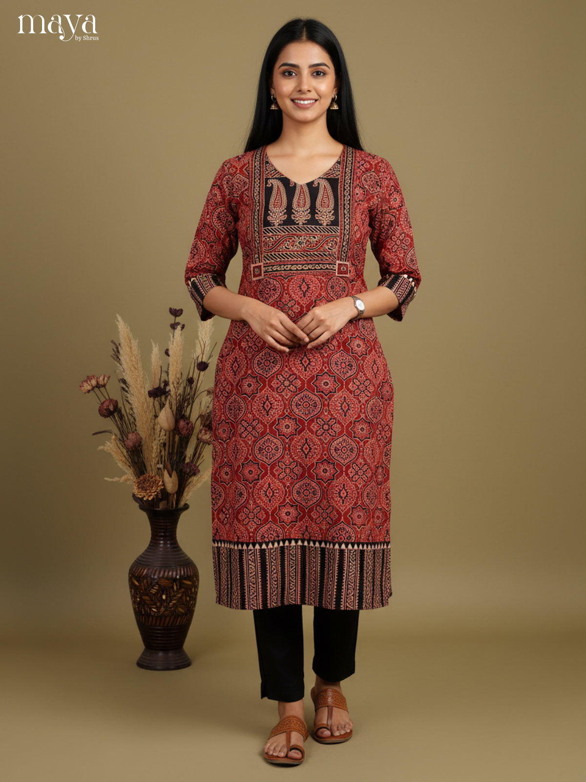 Maroon & Black ajrakh printed Readymade Kurti