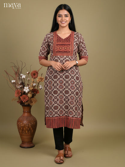 Grey & Maroon ajrakh printed Readymade Kurti