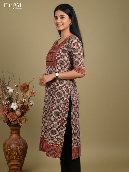 Grey & Maroon ajrakh printed Readymade Kurti