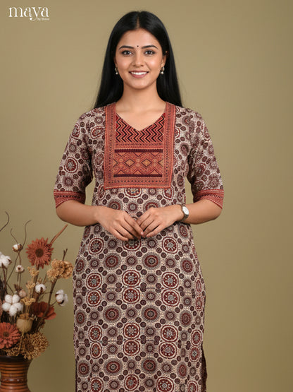 Grey & Maroon ajrakh printed Readymade Kurti