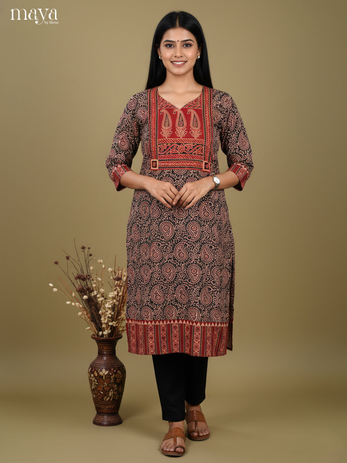Black  & Red paisleys ajrakh printed Readymade Kurti