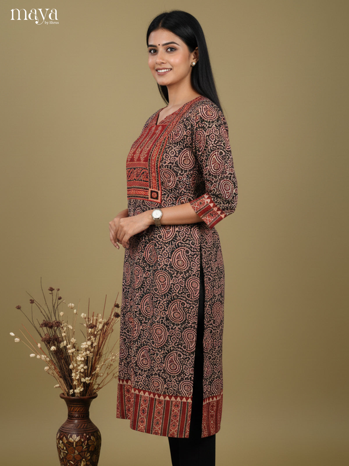 Black  & Red paisleys ajrakh printed Readymade Kurti