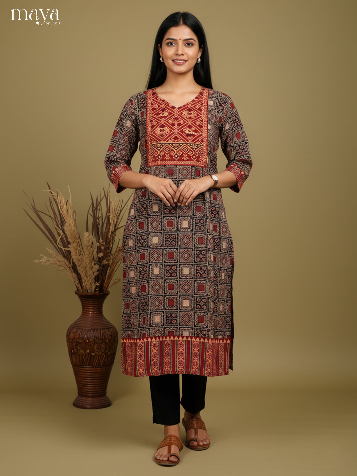 Black & Red ajrakh printed Readymade Kurti