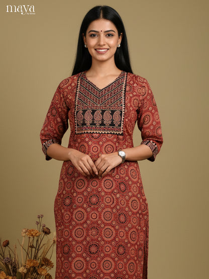 Brown & Black ajrakh floral printed Readymade Kurti