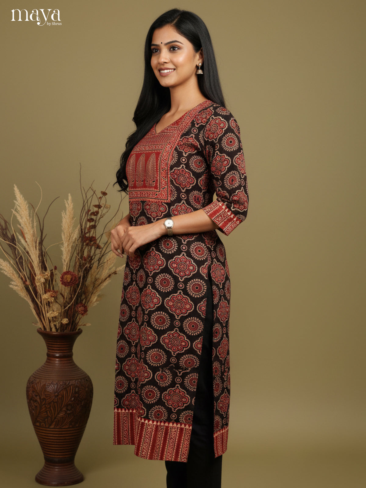 Black & Red Ajrakh Printed Readymade Kurti