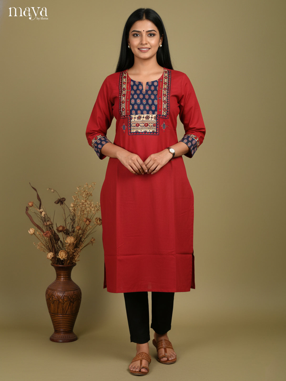 Red & Blue Readymade Kurti with ajrakh printed neckyoke