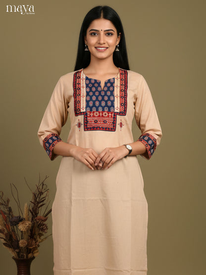 Beige & Blue Readymade Kurti with ajrakh printed neck yoke