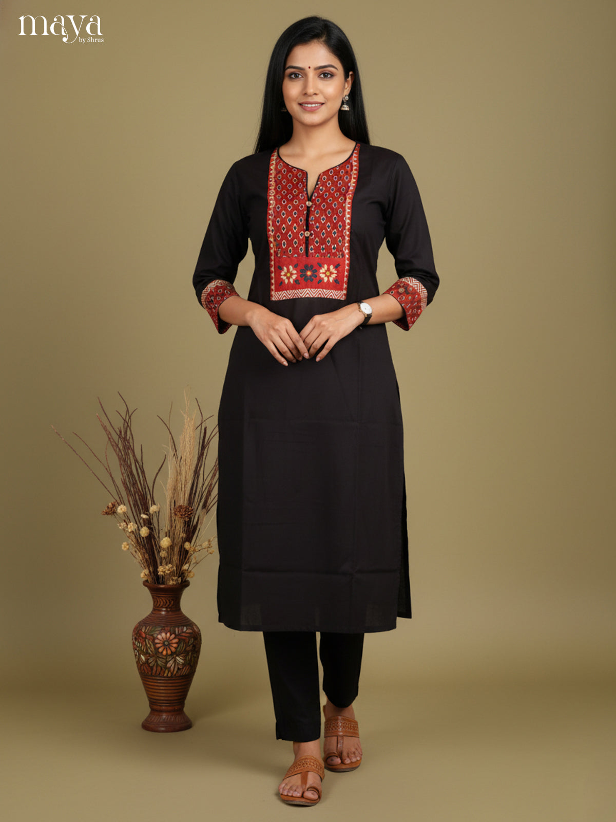 Black & Red Cotton Readymade Kurti with floral neck yoke