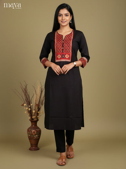 Black & Red Cotton Readymade Kurti with floral neck yoke