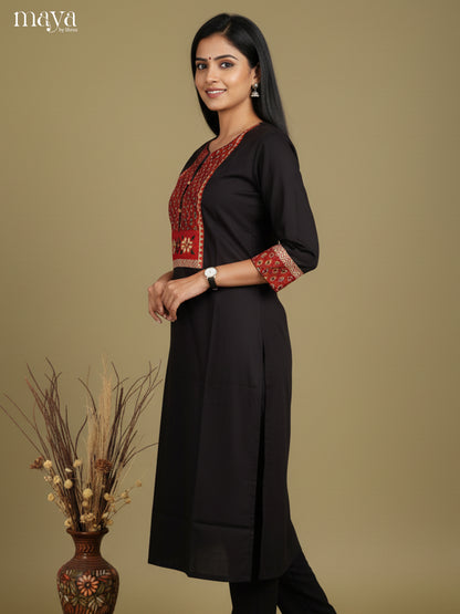 Black & Red Cotton Readymade Kurti with floral neck yoke