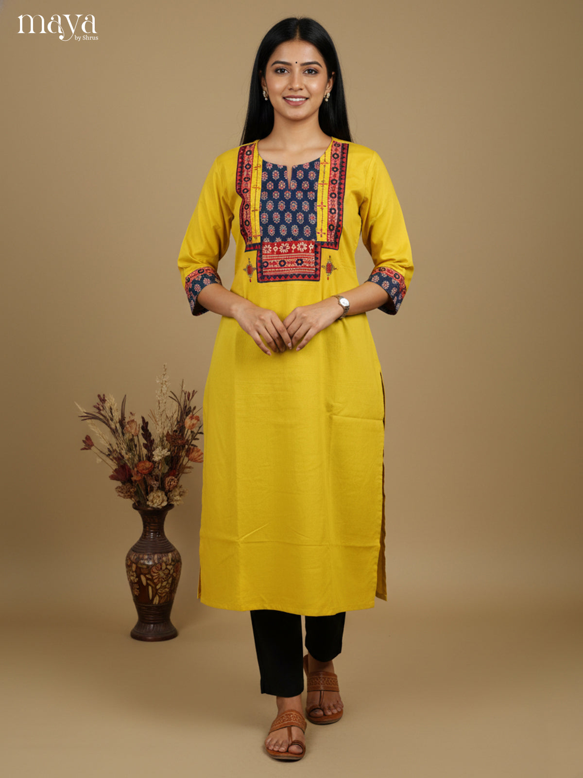 Mustardy Green & Blue Readymade Kurti with ajrakh printed neck yoke